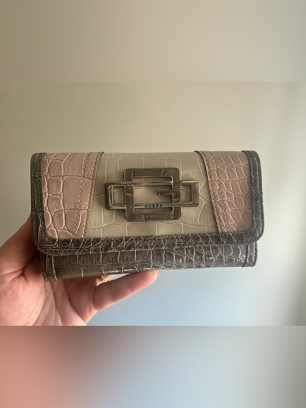 GUESS Tri-Panel Croc-Embossed Clutch in Pink, Cream & Brown